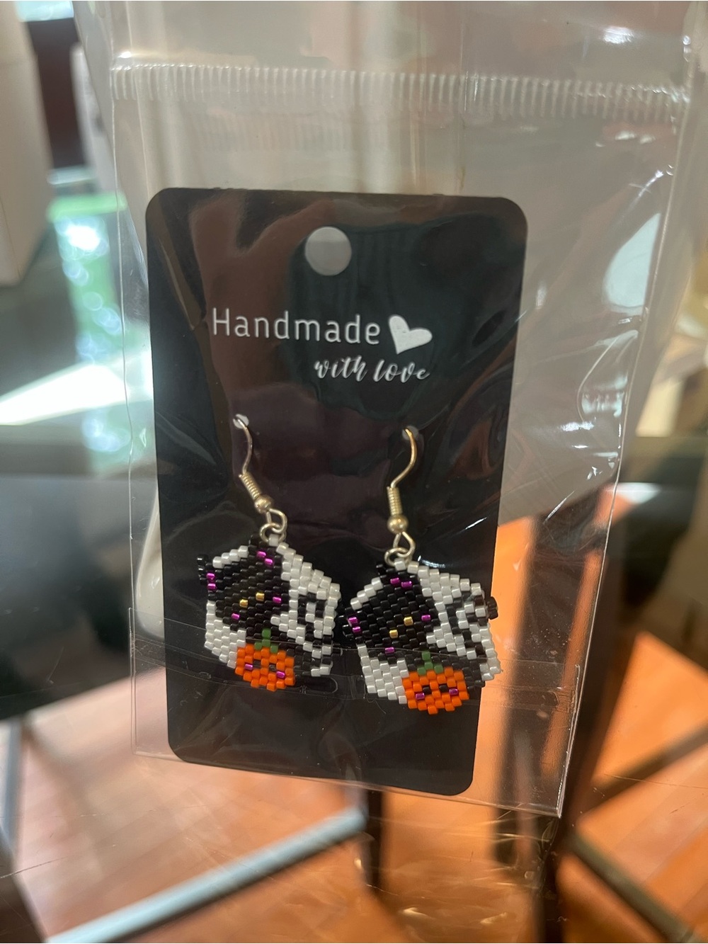 Handmade White & Black Beaded Cat with Pumpkin Earrings
